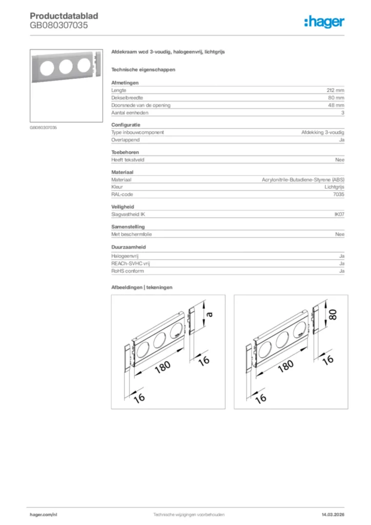 Afbeelding Hager Productdatablad GB080307035 | Hager Nederland