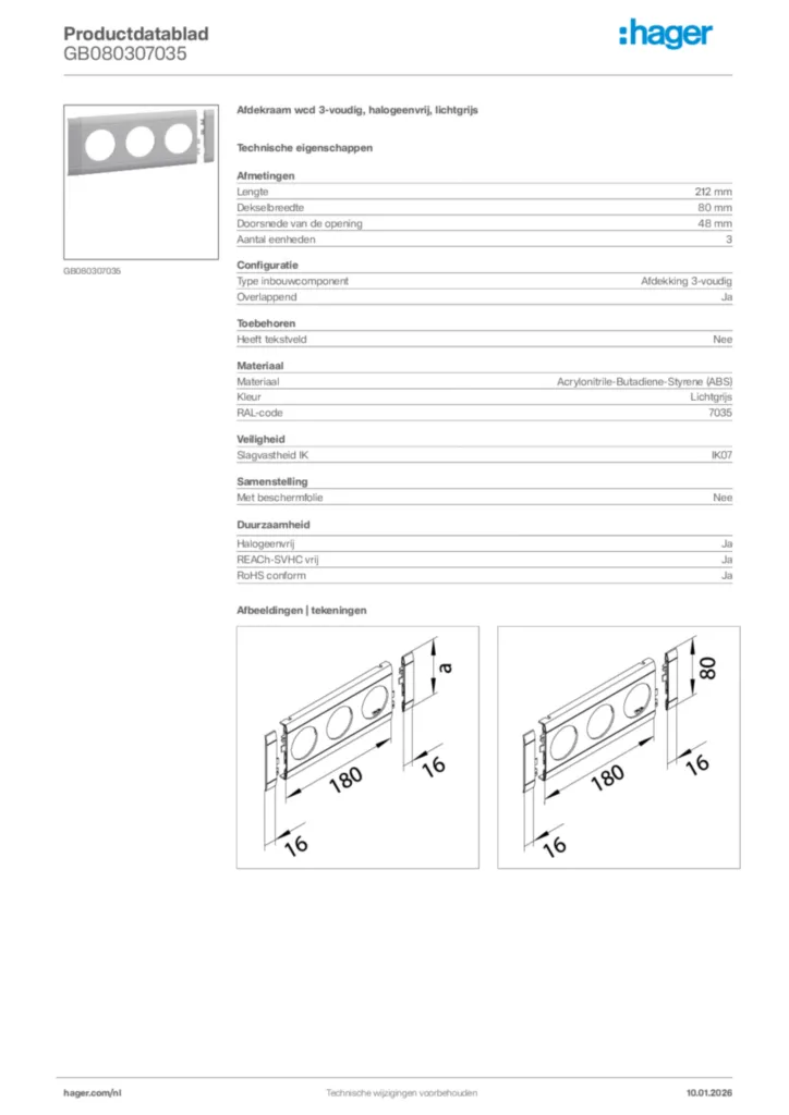 Afbeelding Hager Productdatablad GB080307035 | Hager Nederland