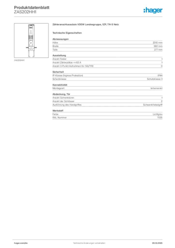 Bild Hager Produktdatenblatt ZAS202HH1 | Hager Deutschland