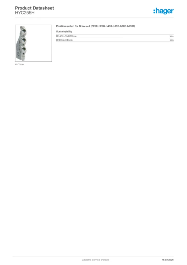 Image Hager Product data sheet HYC255H  | Hager Africa