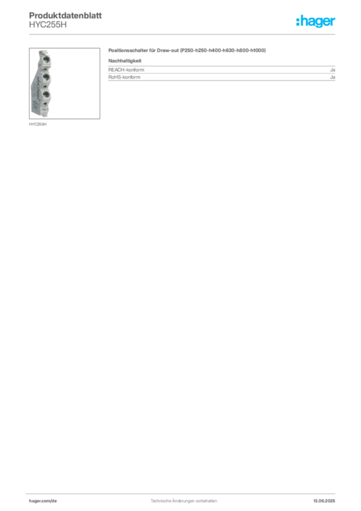 Bild Hager Produktdatenblatt HYC255H | Hager Deutschland