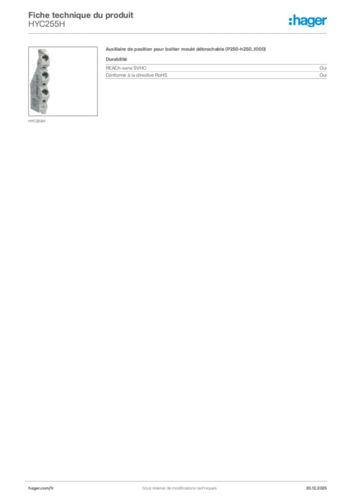 Image Hager Fiche technique du produit HYC255H | Hager France