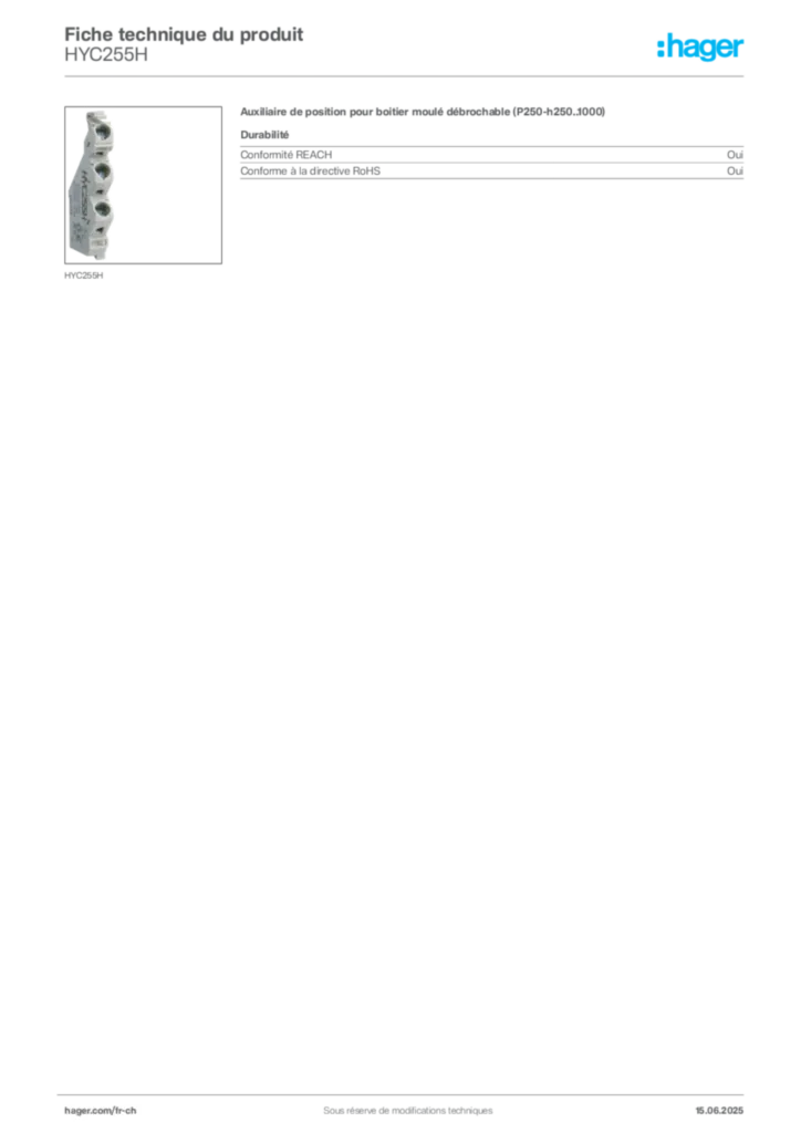 Image Hager Fiche technique du produit HYC255H | Hager Suisse