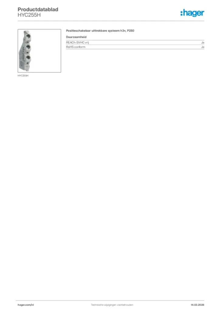 Afbeelding Hager Productdatablad HYC255H | Hager Nederland