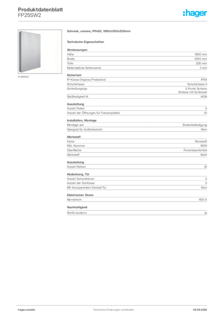 Bild Hager Produktdatenblatt FP25SW2 | Hager Deutschland