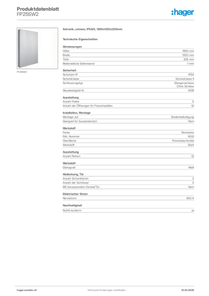 Bild Hager Produktdatenblatt FP25SW2 | Hager Schweiz