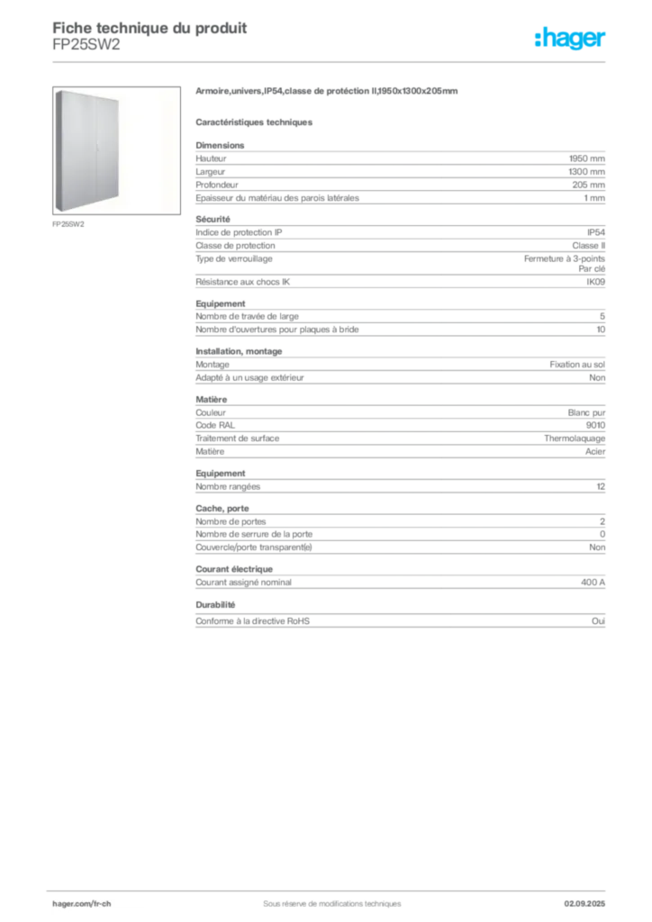 Image Hager Fiche technique du produit FP25SW2 | Hager Suisse