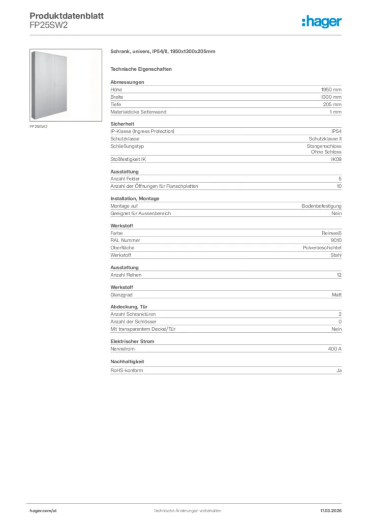 Bild Hager Produktdatenblatt FP25SW2 | Hager Deutschland