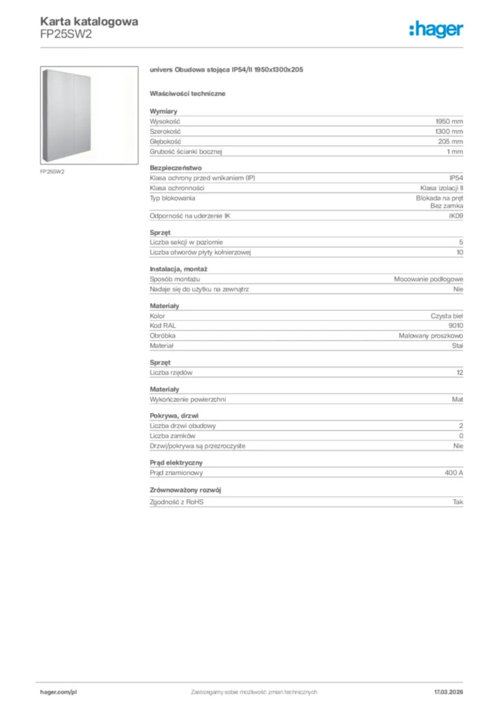 Zdjęcie Hager Karta katalogowa FP25SW2 | Hager Polska