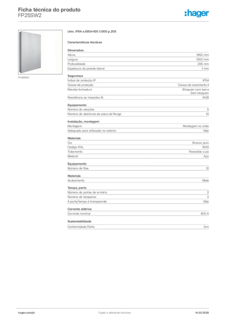 Imagem Hager Ficha técnica do produto FP25SW2 | Hager Portugal