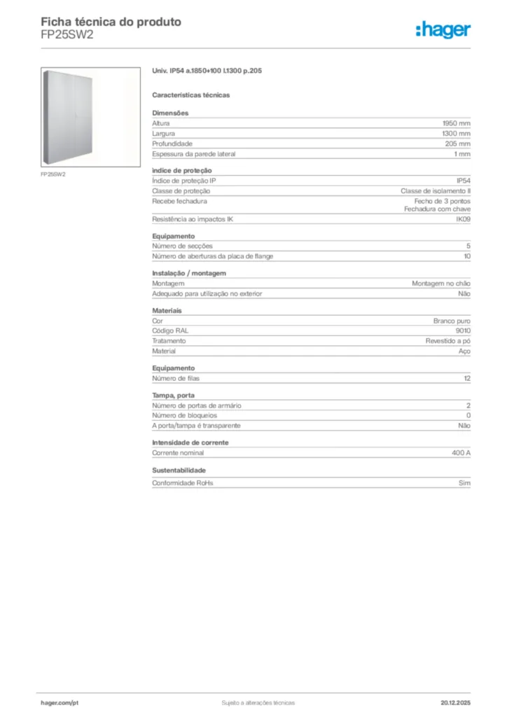 Imagem Hager Ficha técnica do produto FP25SW2 | Hager Portugal