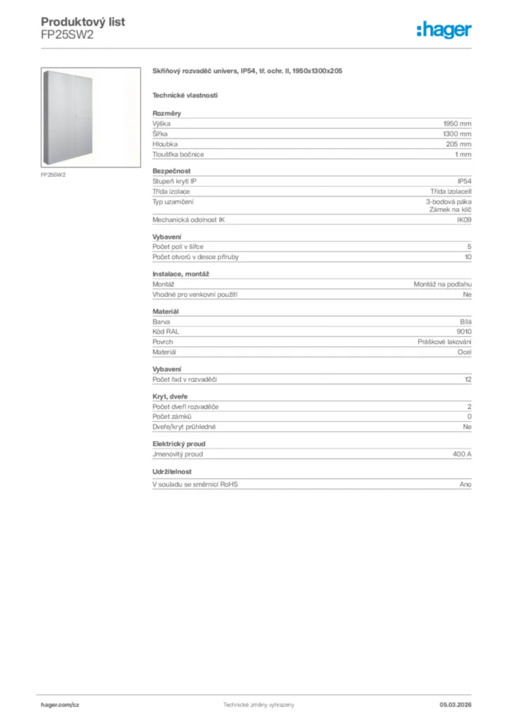 Obrázek Hager Product data sheet FP25SW2 | Hager