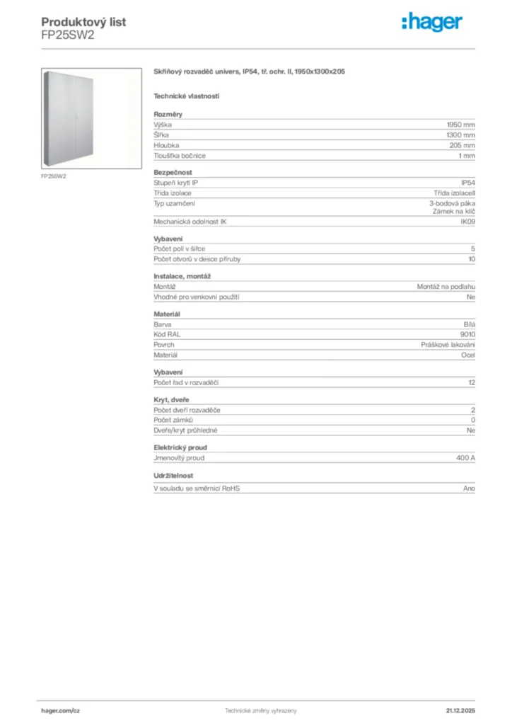 Obrázek Hager Produktový list FP25SW2 | Hager