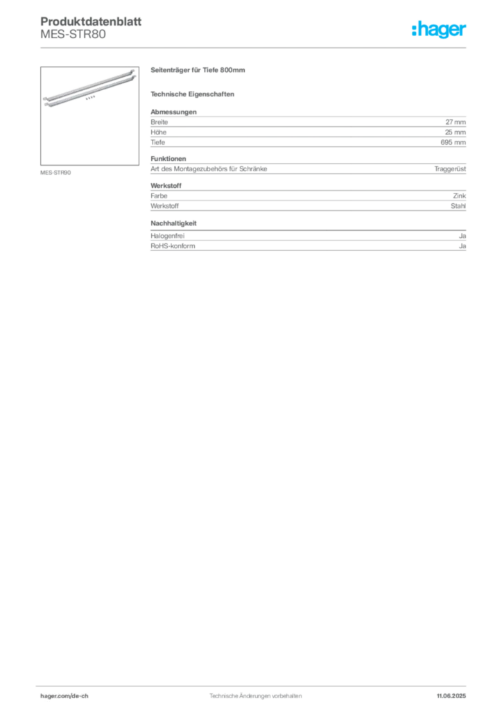 Bild Hager Produktdatenblatt MES-STR80 | Hager Schweiz