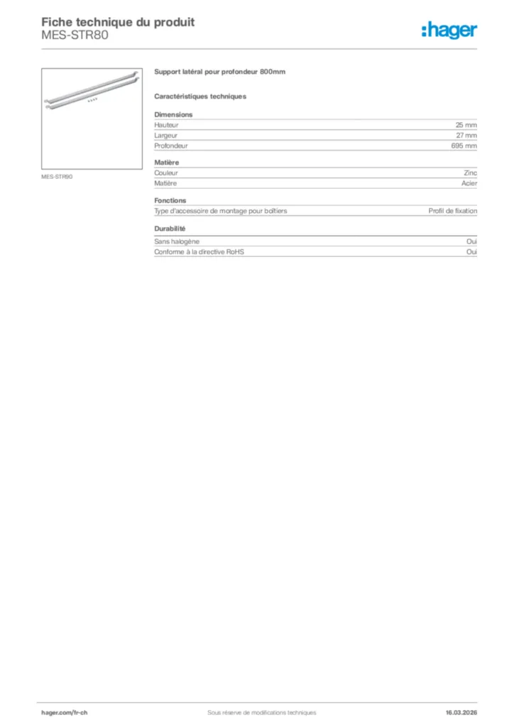 Image Hager Fiche technique du produit MES-STR80 | Hager Suisse