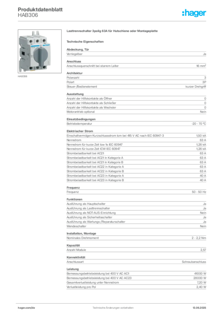 Bild Hager Produktdatenblatt HAB306 | Hager Deutschland