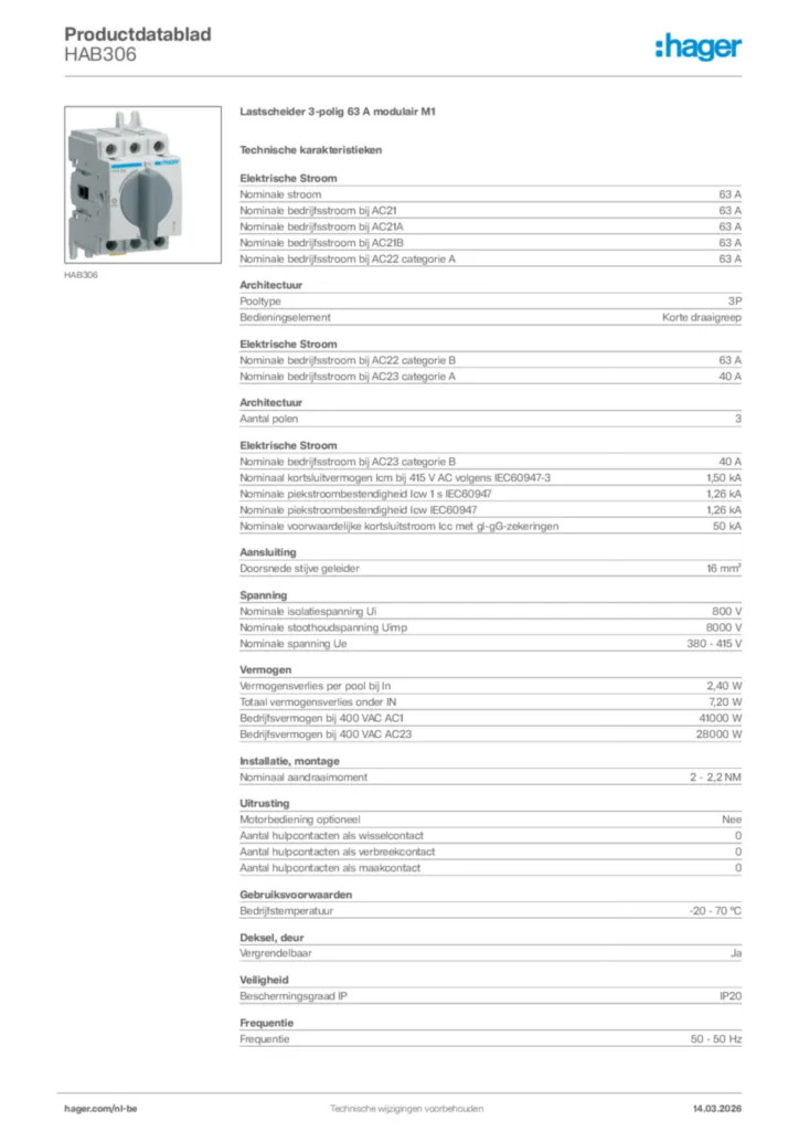 Afbeelding Hager Productdatablad HAB306 | Hager Belgium