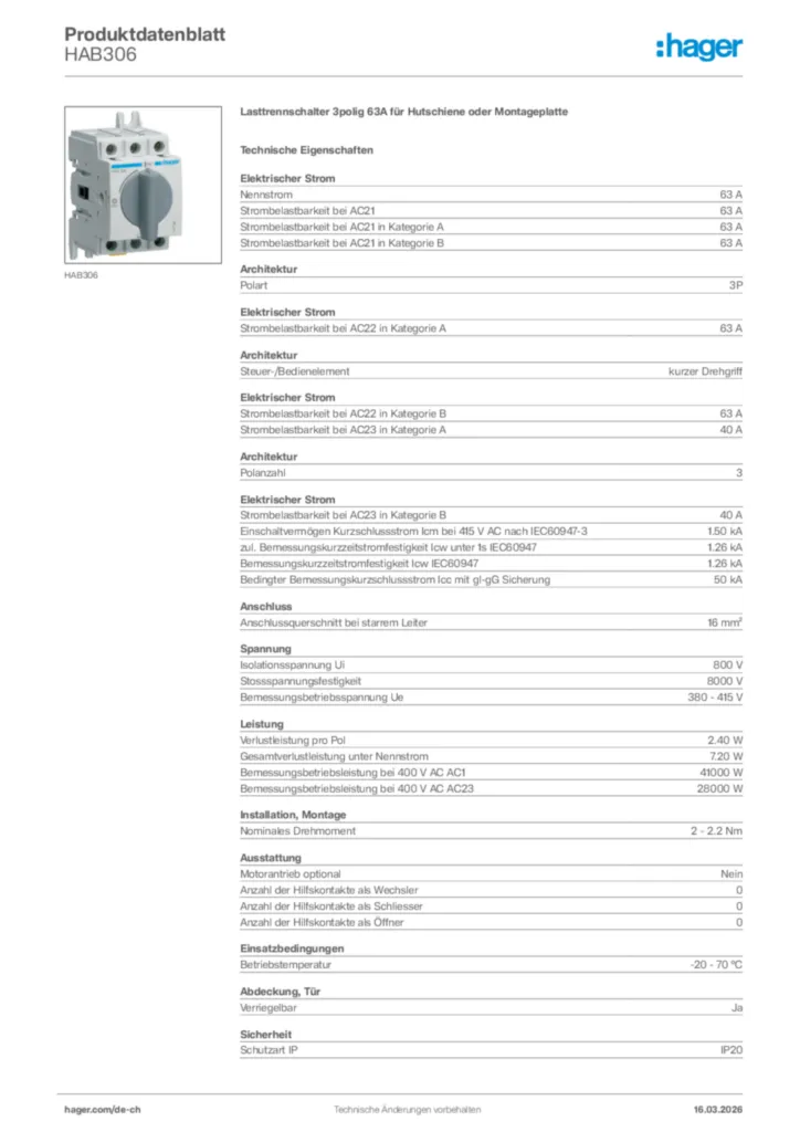 Bild Hager Produktdatenblatt HAB306 | Hager Schweiz