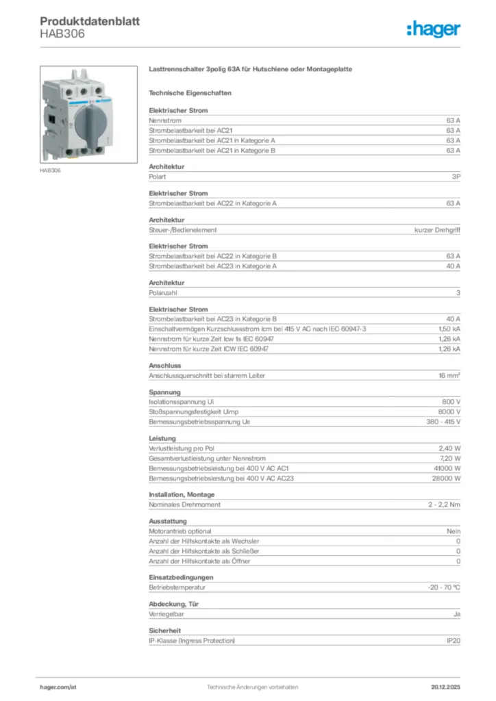 Bild Hager Produktdatenblatt HAB306 | Hager Deutschland