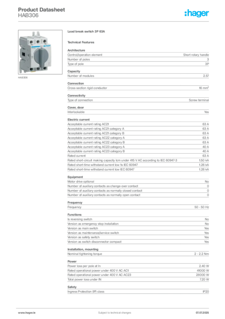 Image Hager Product data sheet HAB306  | Hager