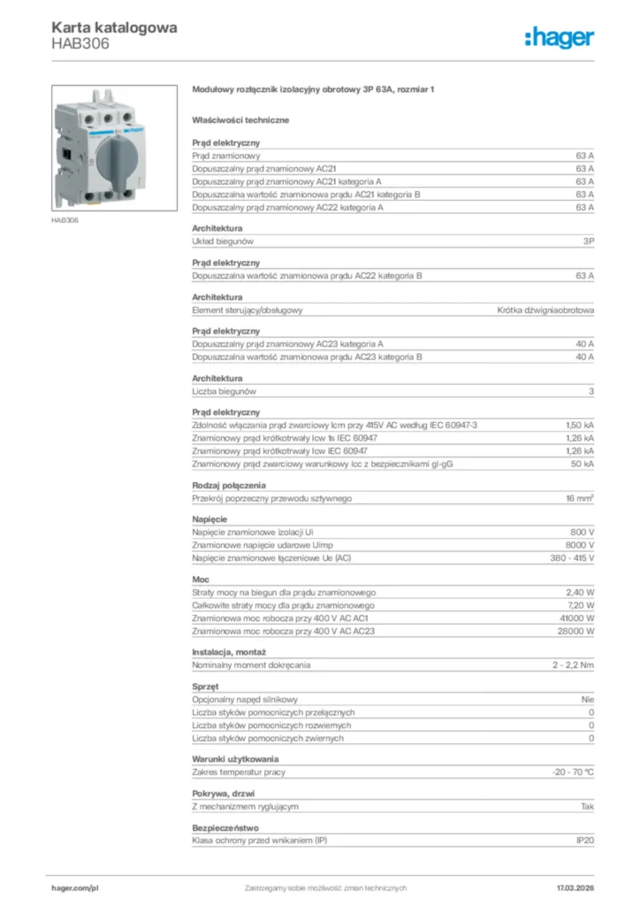 Zdjęcie Hager Karta katalogowa HAB306 | Hager Polska