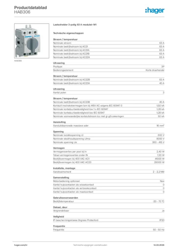 Afbeelding Hager Productdatablad HAB306 | Hager Nederland