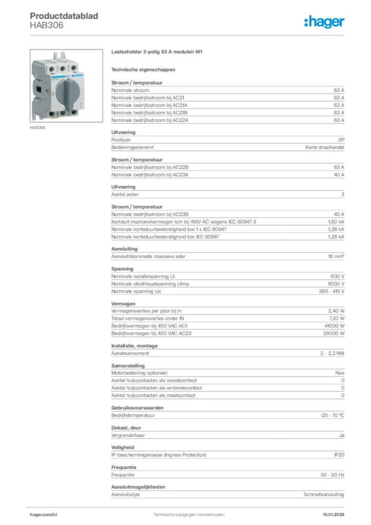 Afbeelding Hager Productdatablad HAB306 | Hager Nederland