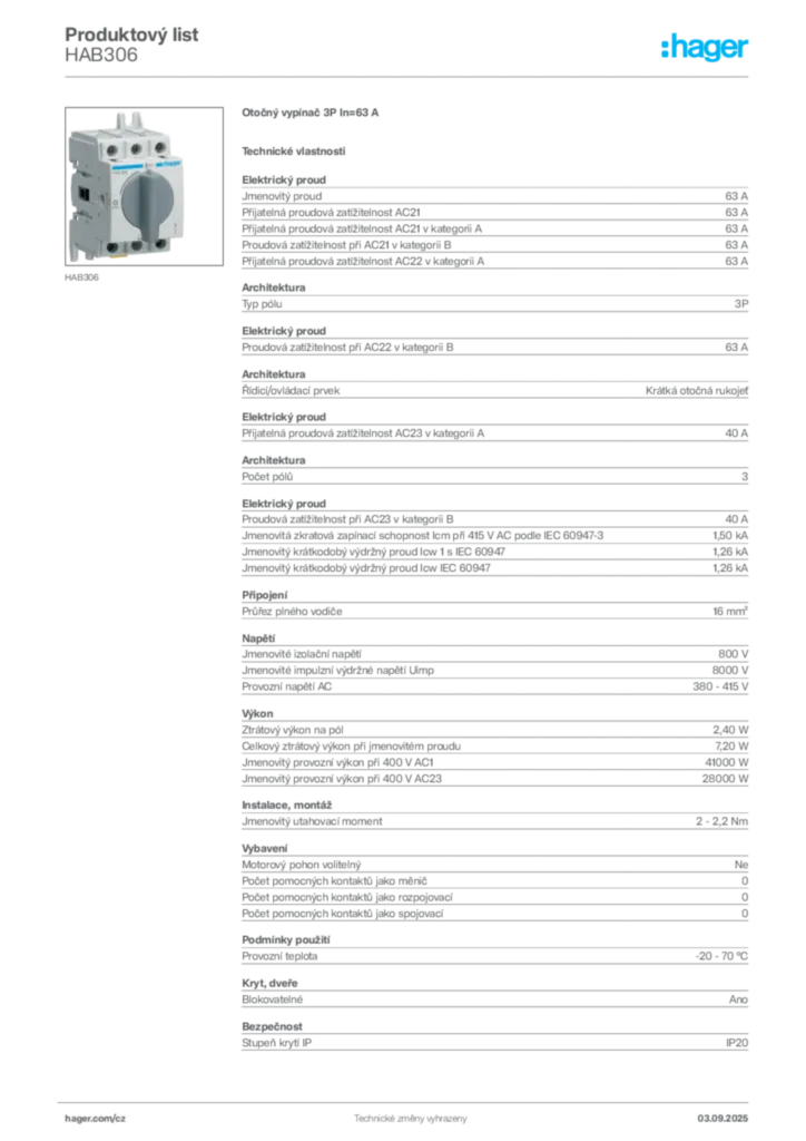 Obrázek Hager Produktový list HAB306 | Hager