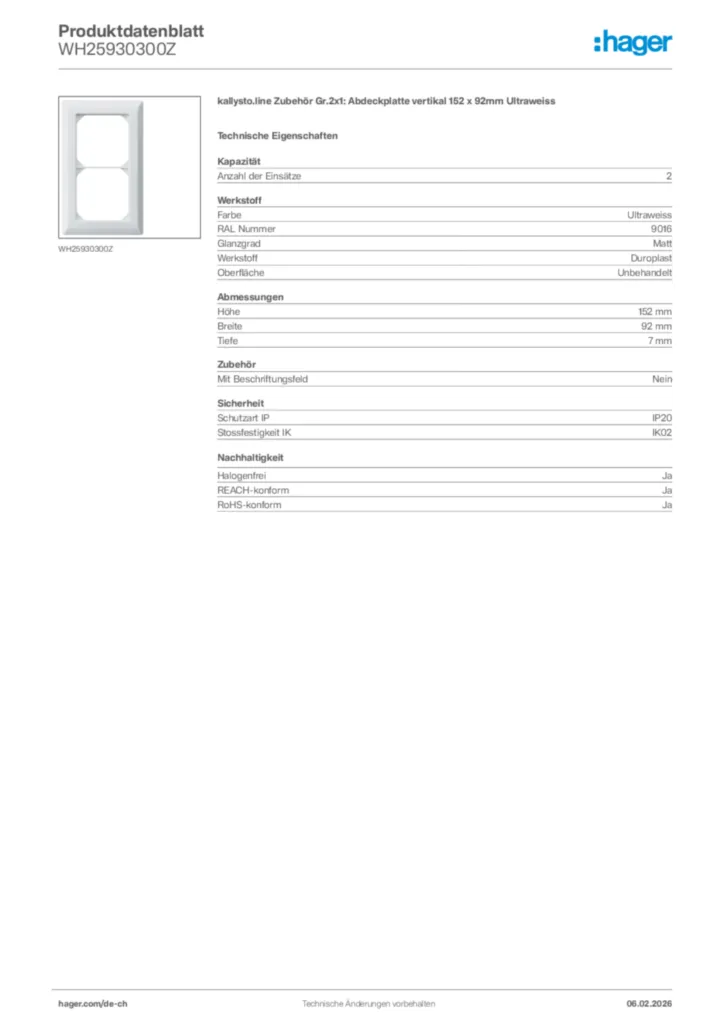 Bild Hager Produktdatenblatt WH25930300Z | Hager Schweiz