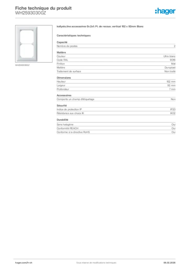 Image Hager Fiche technique du produit WH25930300Z | Hager Suisse