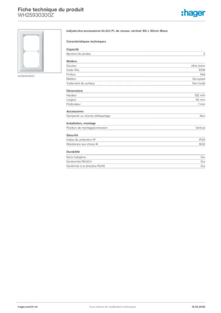 Image Hager Fiche technique du produit WH25930300Z | Hager Suisse