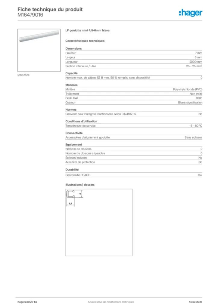 Image Hager Fiche technique du produit M16479016 | Hager Belgique