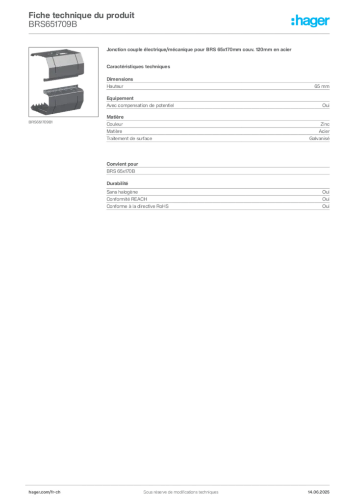 Image Hager Fiche technique du produit BRS651709B | Hager Suisse