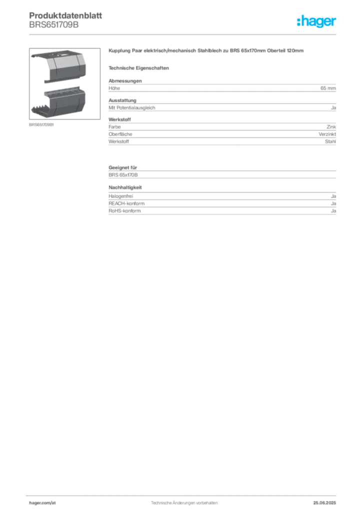 Bild Hager Produktdatenblatt BRS651709B | Hager Deutschland