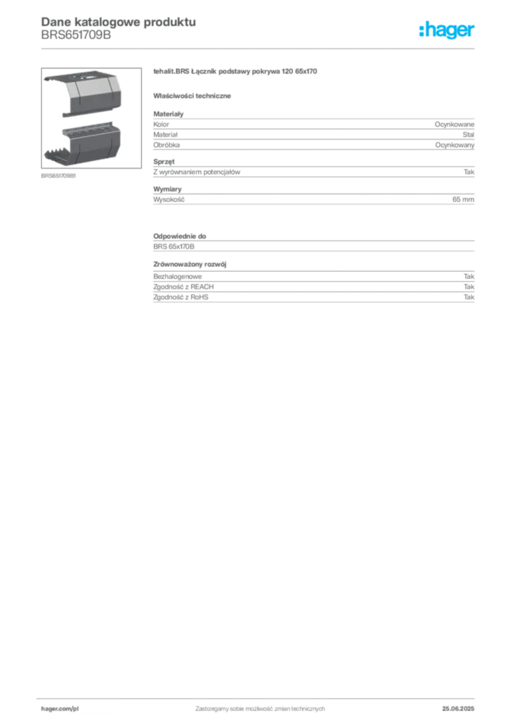 Zdjęcie Hager Dane katalogowe produktu BRS651709B | Hager Polska