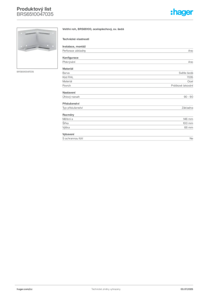 Obrázek Hager Produktový list BRS6510047035 | Hager