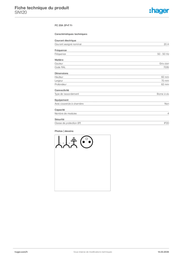 Image Hager Fiche technique du produit SN120 | Hager France