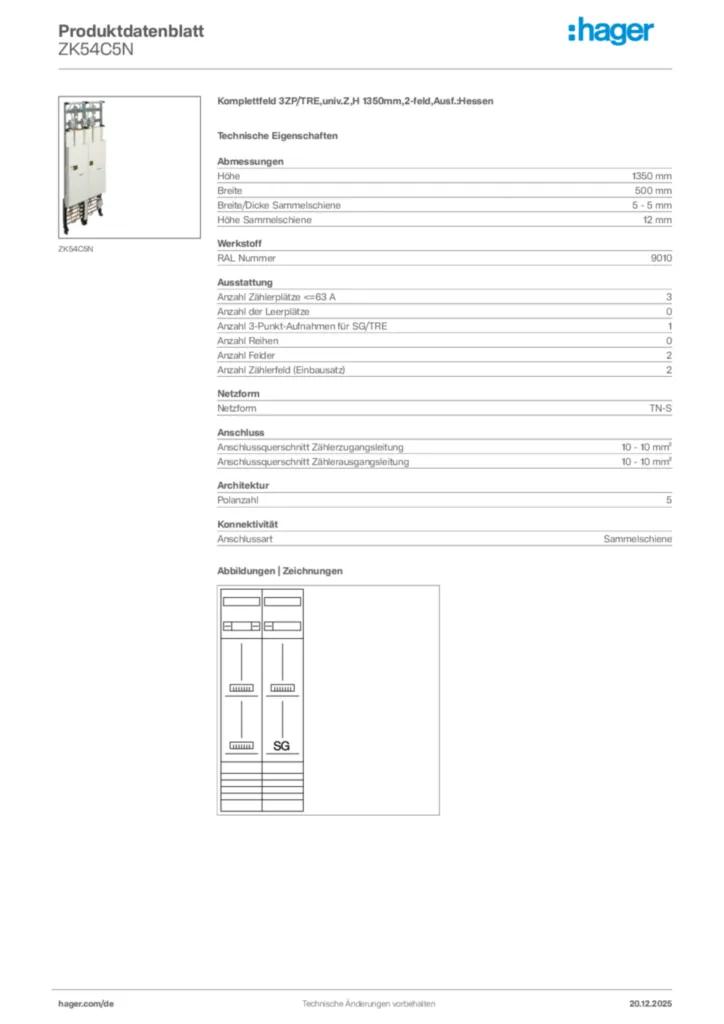Bild Hager Produktdatenblatt ZK54C5N | Hager Deutschland