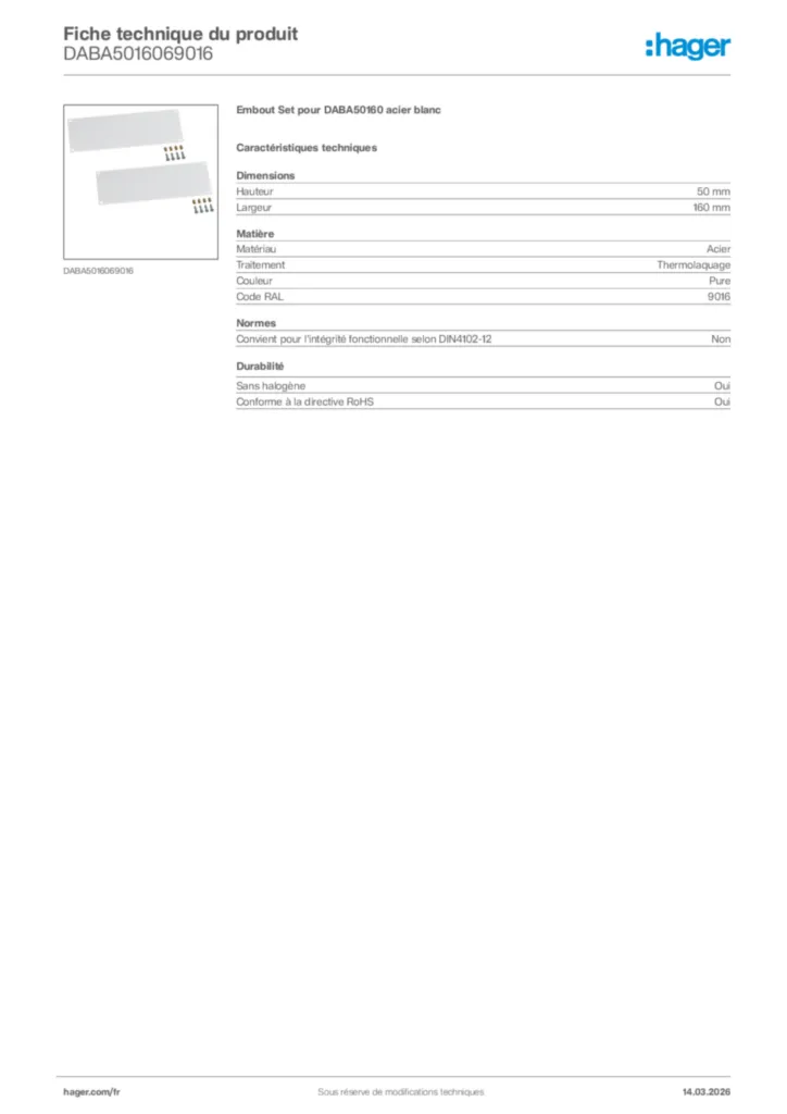 Image Hager Fiche technique du produit DABA5016069016 | Hager France