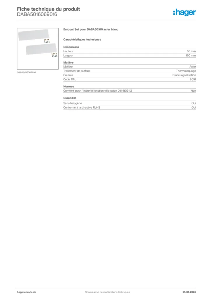 Image Hager Fiche technique du produit DABA5016069016 | Hager Suisse