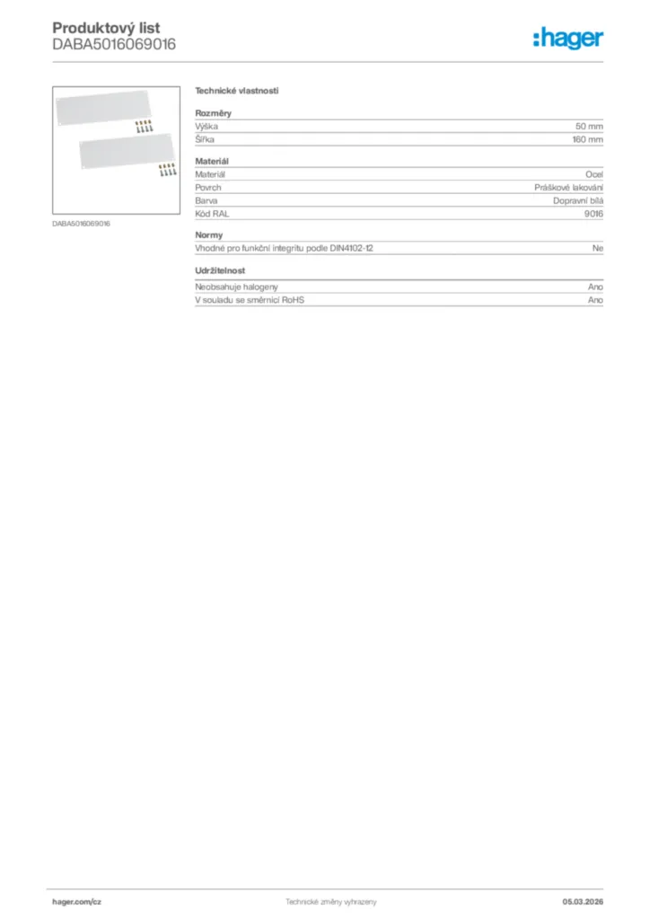Obrázek Hager Product data sheet DABA5016069016 | Hager