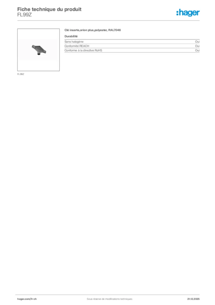 Image Hager Fiche technique du produit FL99Z | Hager Suisse