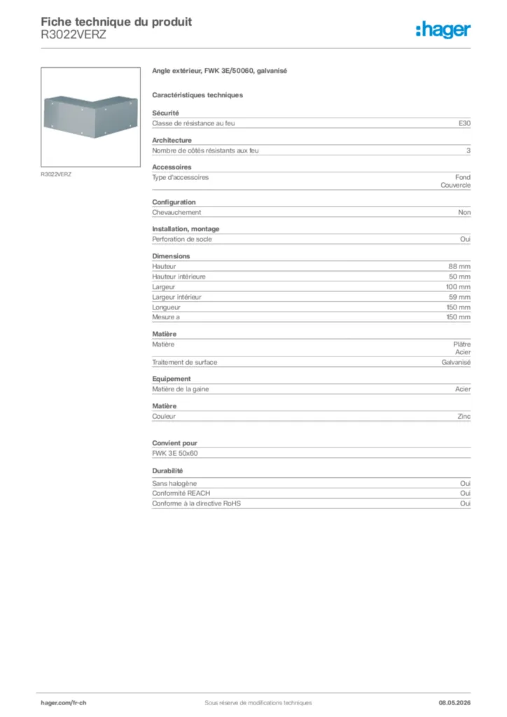 Image Hager Fiche technique du produit R3022VERZ | Hager Suisse