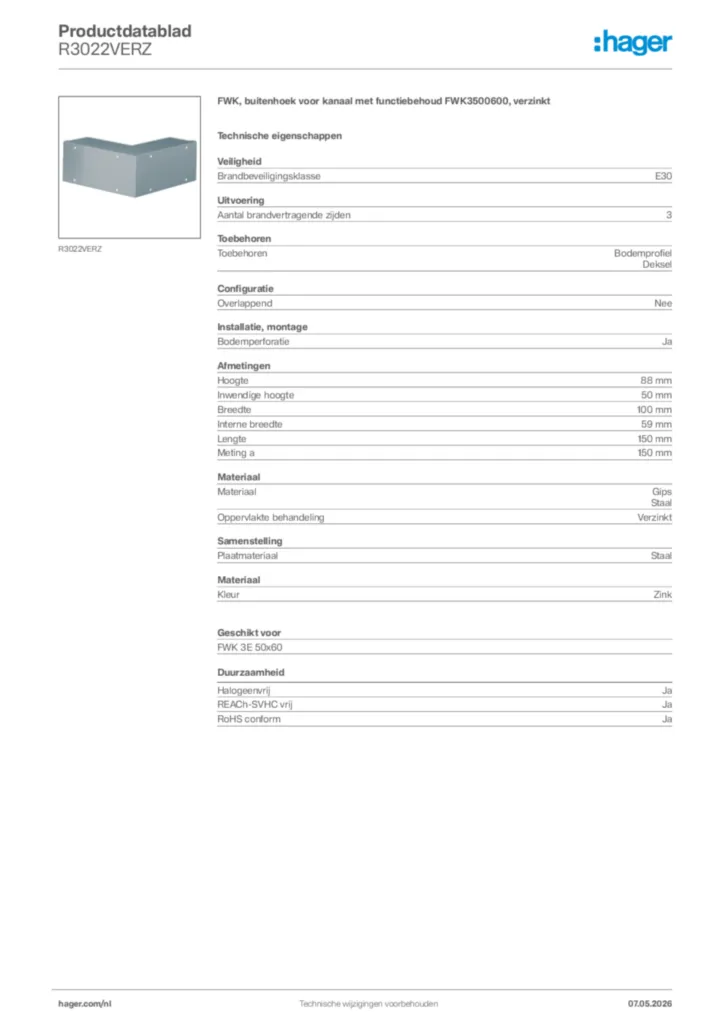 Afbeelding Hager Productdatablad R3022VERZ | Hager Nederland