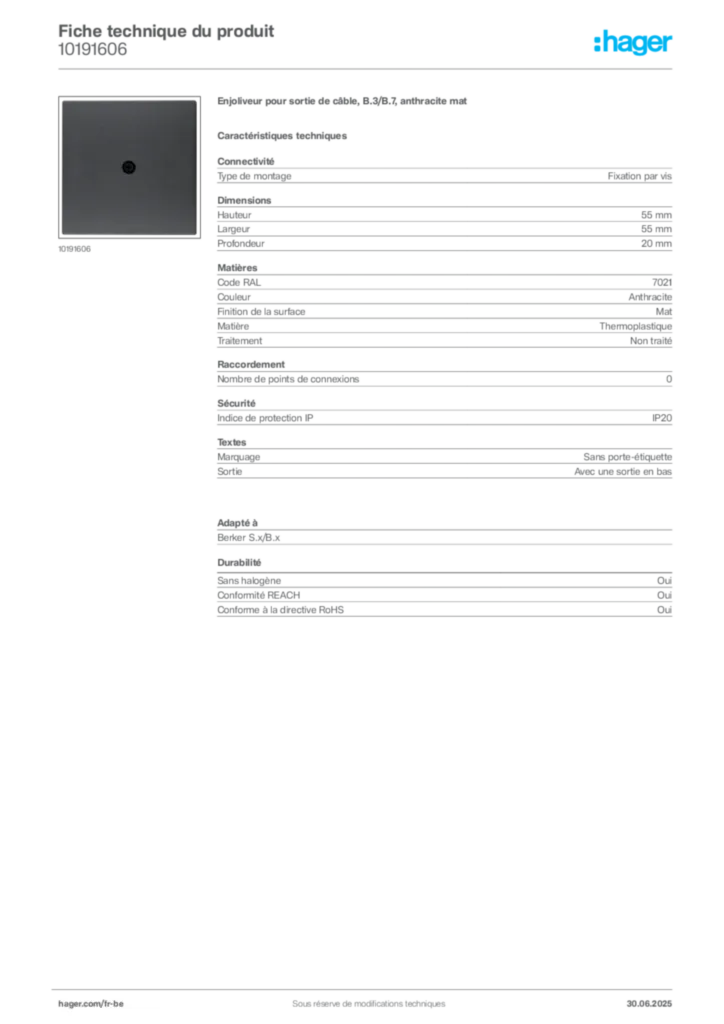 Image Hager Fiche technique du produit 10191606 | Hager Belgique