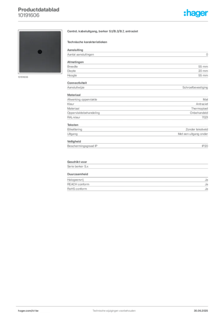 Afbeelding Hager Productdatablad 10191606 | Hager Belgium