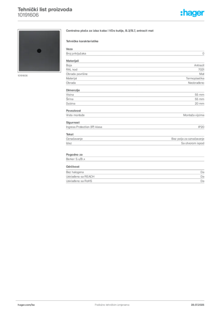 Slika Hager Product data sheet 10191606  | Hager