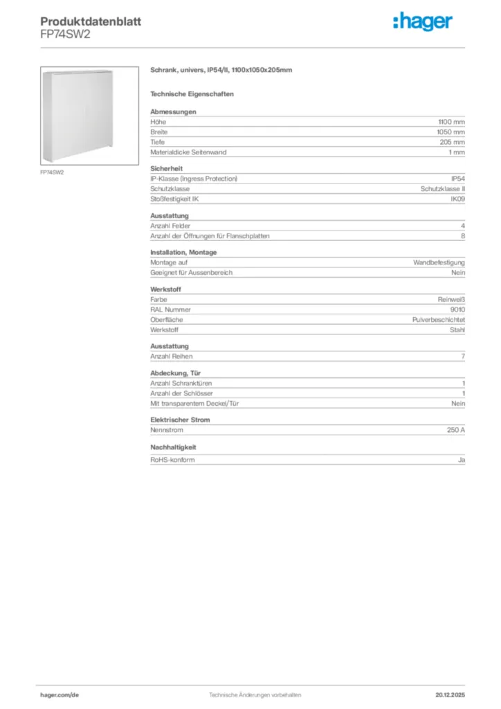 Bild Hager Produktdatenblatt FP74SW2 | Hager Deutschland