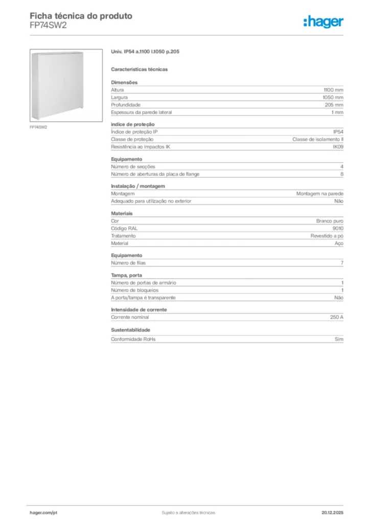 Imagem Hager Ficha técnica do produto FP74SW2 | Hager Portugal