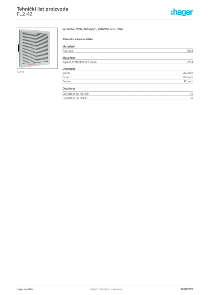 Slika Hager Product data sheet FL214Z  | Hager
